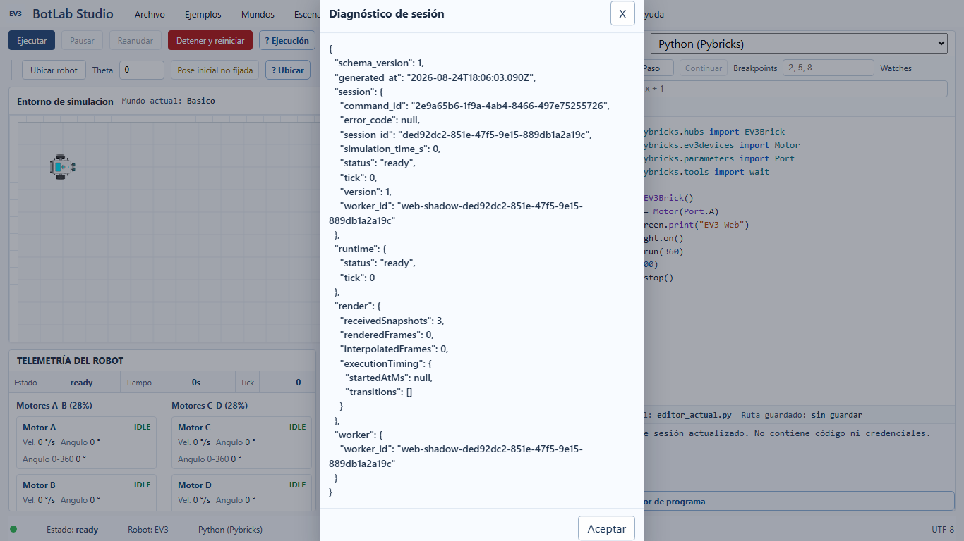 Captura real de la aplicación con el editor y el estado disponible para diagnosticar una ejecución