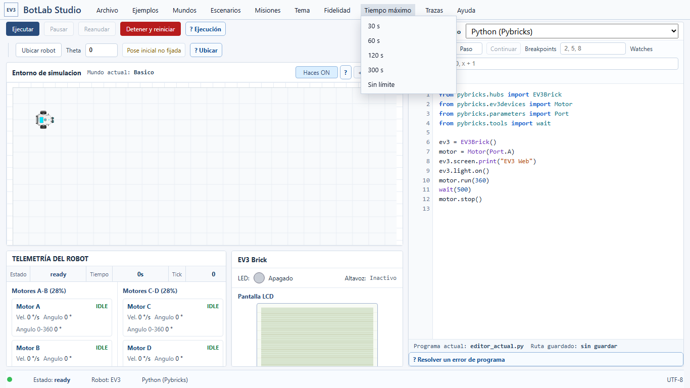 Captura real de la interfaz Web con controles y menú de configuración disponibles